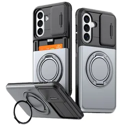 Multifunctional Wallet Phone Case with Magnetic Ring Stand and Slide Cover - Galaxy A27 (Gray)