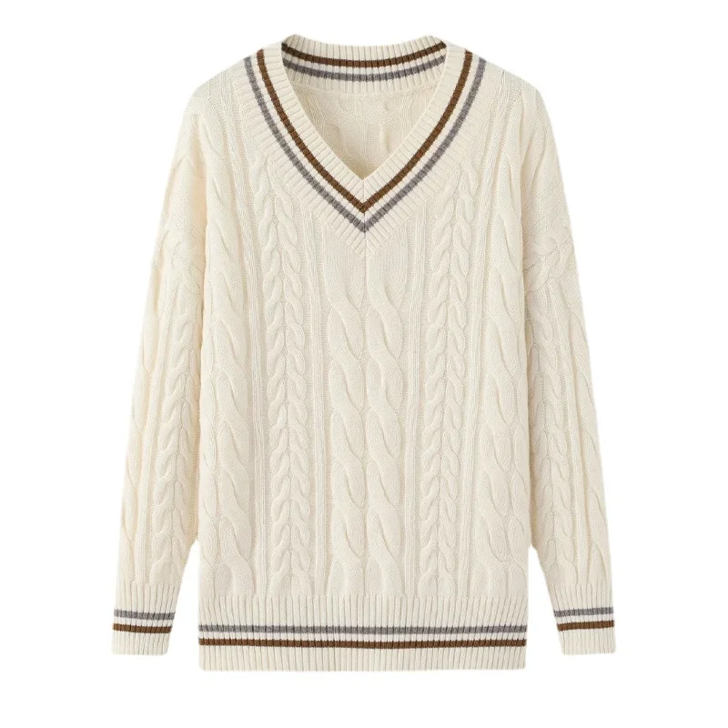 

100% Cashmere Preppy Style V-Neck Winter Clothes Women Sweater Geometric A-straight Long Sleeve Top Korean Fashion