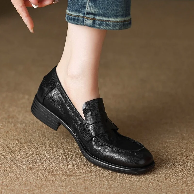Simple Lace Up Flat Feet Shoes Black Cowhide Leather Hollow Out Penny Loafers main image 0