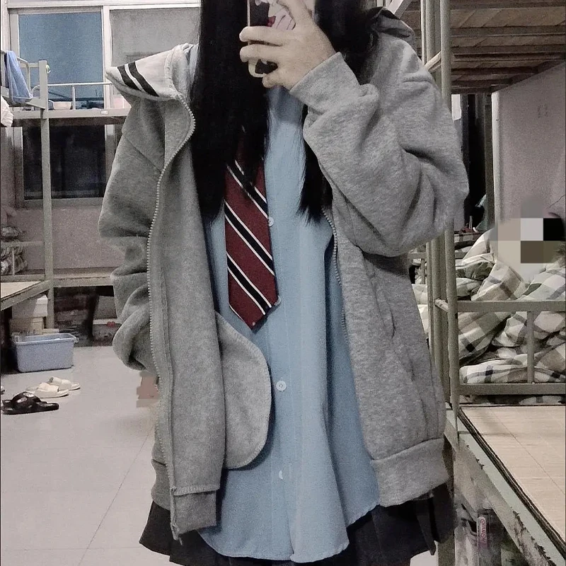 헬로 키티 네이비 칼라 지퍼 재킷, 산리오 소녀 애니메이션 카와이 가디건, 면 후디, 가을 코트, 일본 루즈 캐주얼, 귀여운