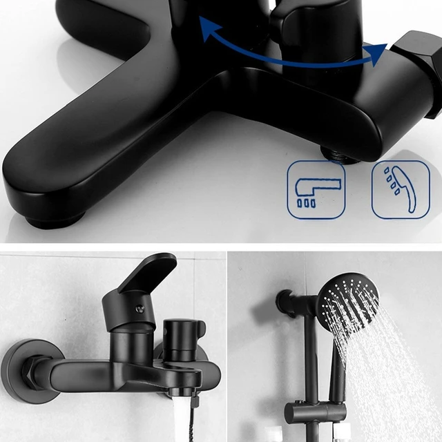 ก๊อกน้ําอ่างอาบน้ํา ก๊อกน้ําอาบน้ําสีดํา วาล์วผสม เปิดด้านข้าง ก๊อกน้ําสามตัว ก๊อกผสมร้อนและเย็น อุปกรณ์ห้องน้ํา 6