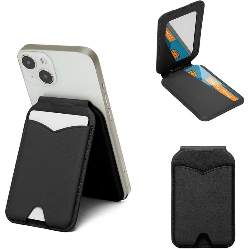 Magnetic Wallet Stand with Mirror and Adjustable Leather Kickstand Card Holder
