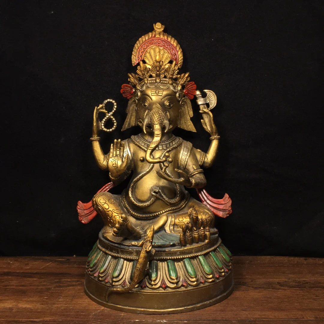 

7"Tibetan Temple Collection Old Bronze Painted Ganesha Sitting Buddha Elephant trunk God of Wealth Worship Hall Town House