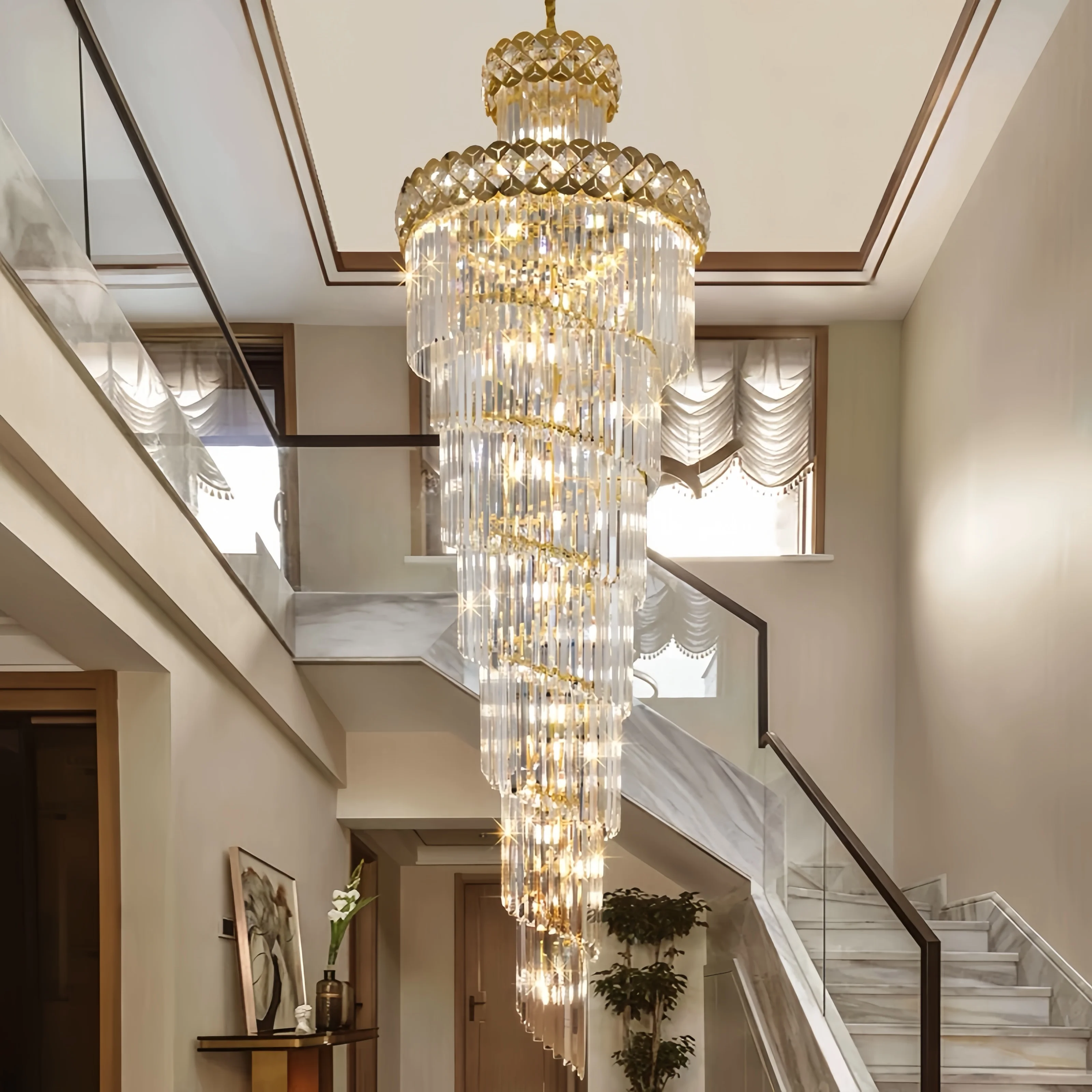 Modern Luxury Stairs Large Crystal Chandeliers Hanging Lamp Villa Hotel Lobby Loft Living Room Decor Rotating Long Pendant Light