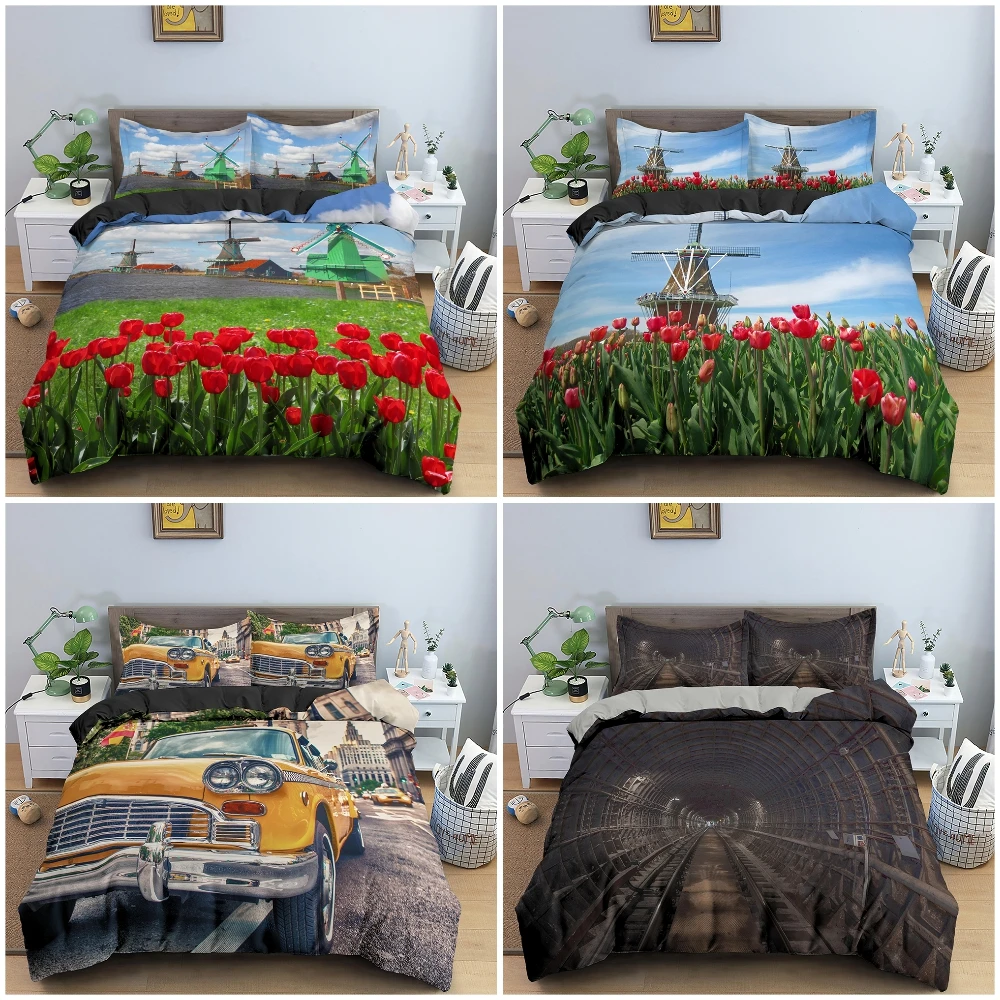 

2/3PCS Retro Style Bedding Set King Duvet Cover Bedroom Decor Traditional Dutch Windmills Vintage Rails And Cars Bedclothes