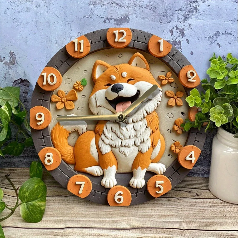 Cute Shiba Inu - themed wooden wall clock, perfect for home decor. Runs on AA batteries 5