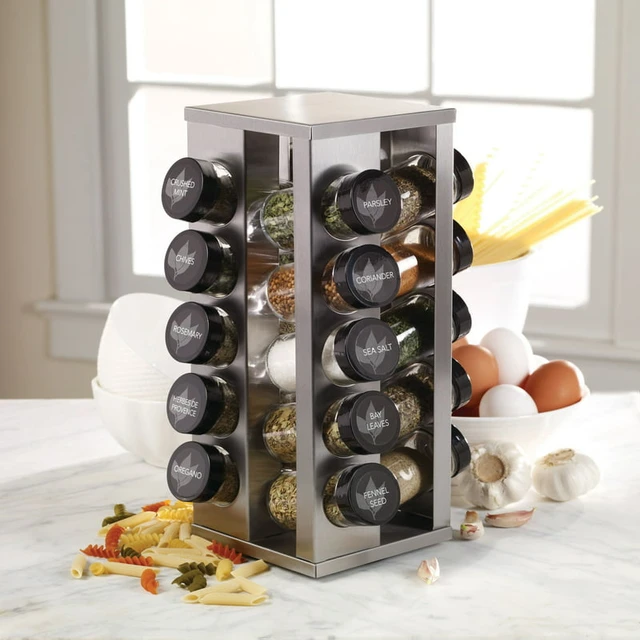 RETRO SPICE RACK, Wall Mount with Six (6) Decorative Spice Jars & Wooden  Holder