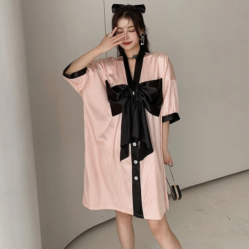 Satin Chiffon Pajamas Ladies Summer Playful Cute Big Bow Loose Nightdress summer plus size