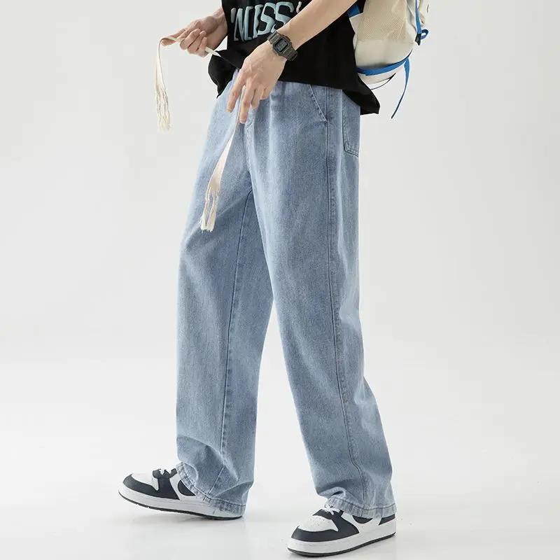 Summer New Loose High Street Fashion Jeans Sports Casual Thin Straight Men Solid Elastic Drawstring Pocket Trendy Wide Leg Pants