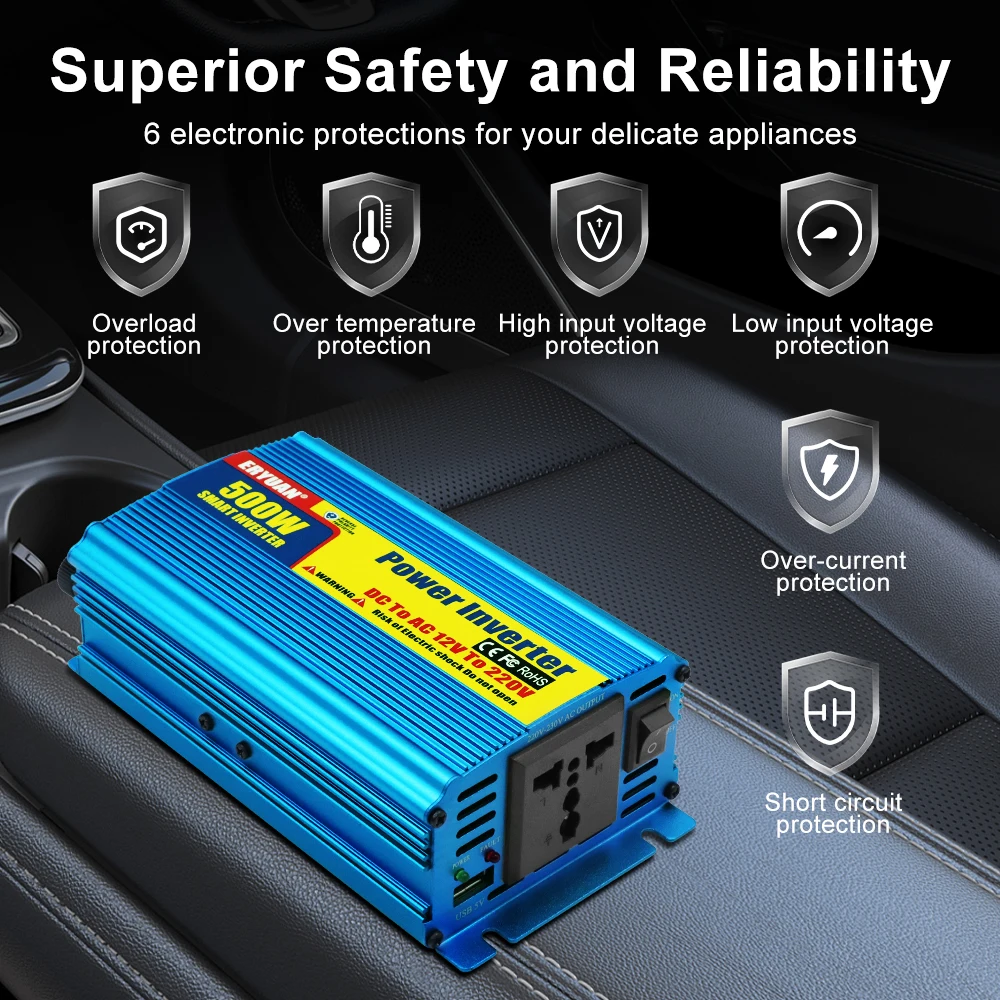 500W 자동차 전원 인버터 배터리 변환기 SUV RV 트럭 트레일러 자동 전원 공급 장치 인버터 DC 12V에서 AC 220V 다기능