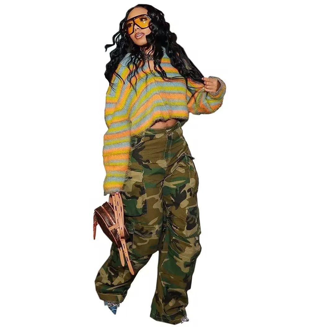 Women's fashionable multi pocket military pants, women's retro workwear pants