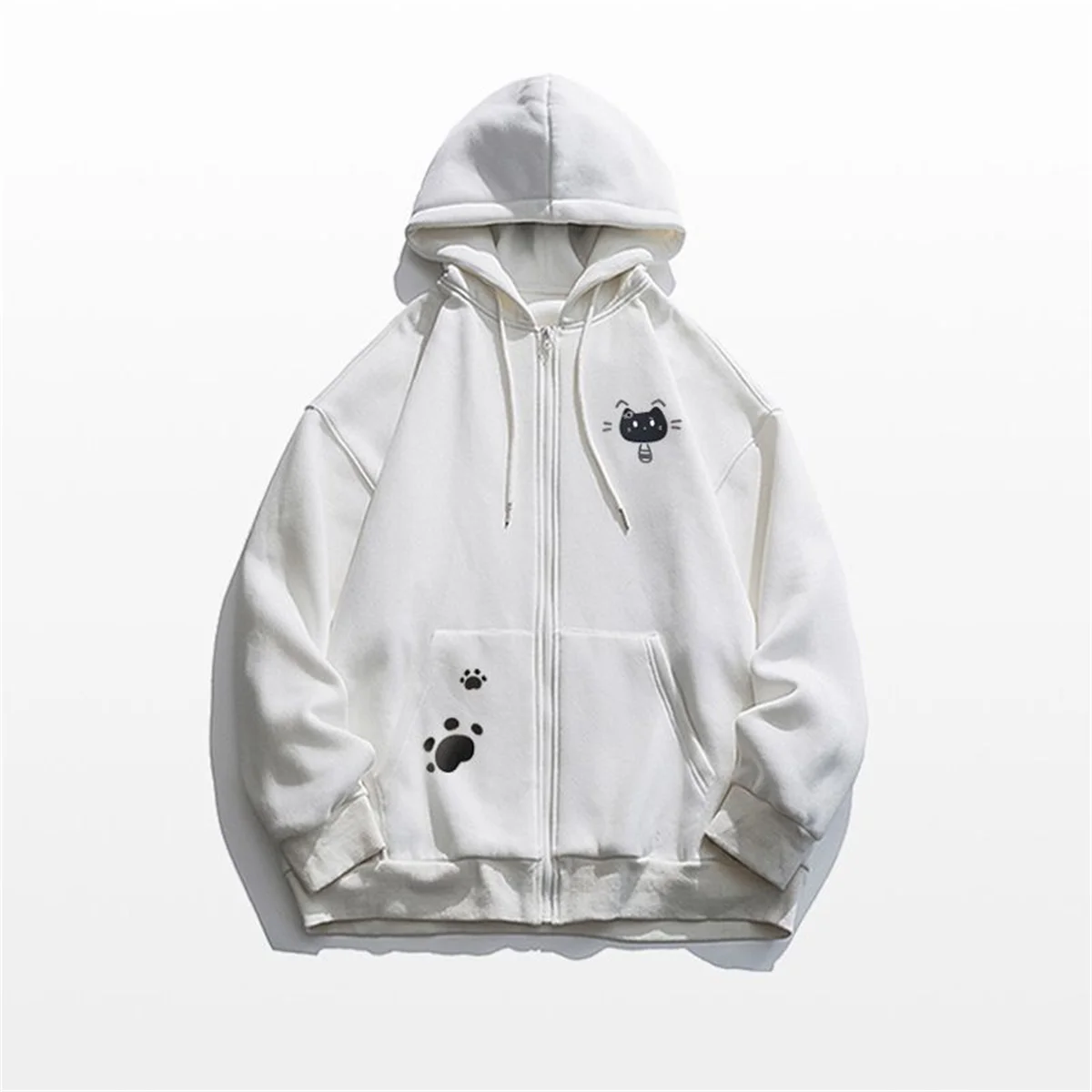 Spring And Autumn Thin Collection Fashion Trends Versatile Casual Lazy Wind 2025 New Cute Girl Zipper Fun Cat Print Hooded
