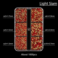High - Quality Crystal Nail Art Rhinestones - Super Bright Glitter Diamonds for Manicure Accessories (1000pcs, Multiple Sizes) (Light Siam)