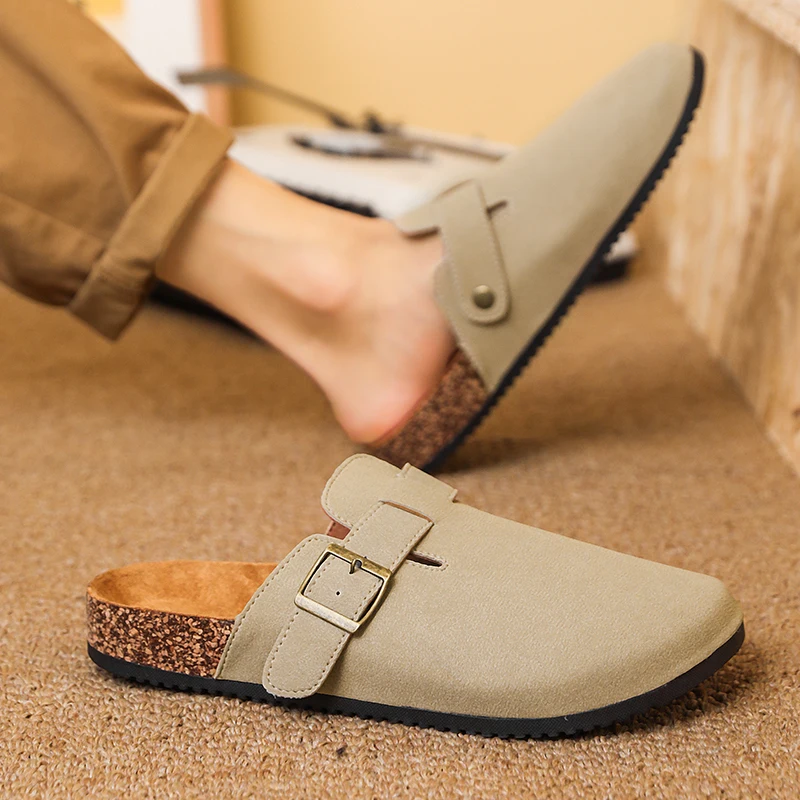 Popular Cow Suede Men's Clog Slippers Men's Suede Clogs Leather Mule Cork Foot Bed Sandals Beach Slide Bowtoe Shoes