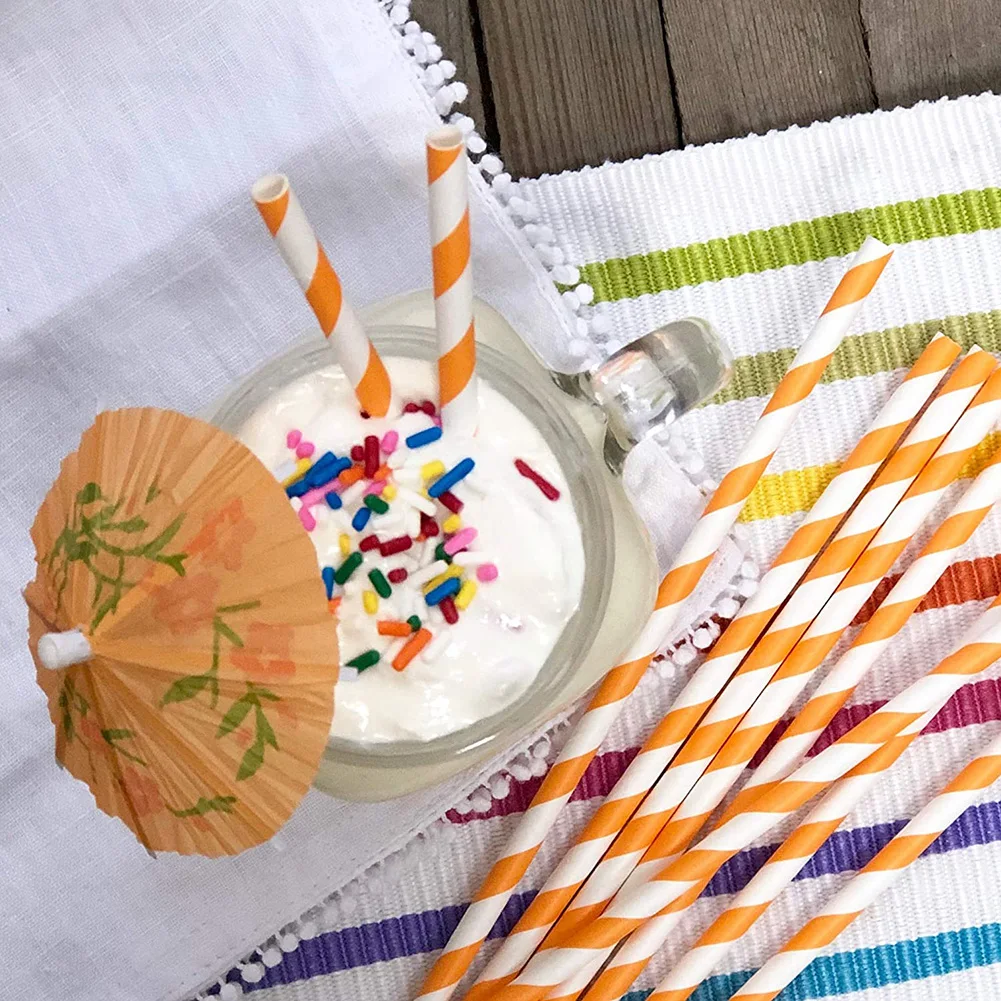 Striped Paper Straws Orange and White Friendly Straws for Juice Soda 25pcs