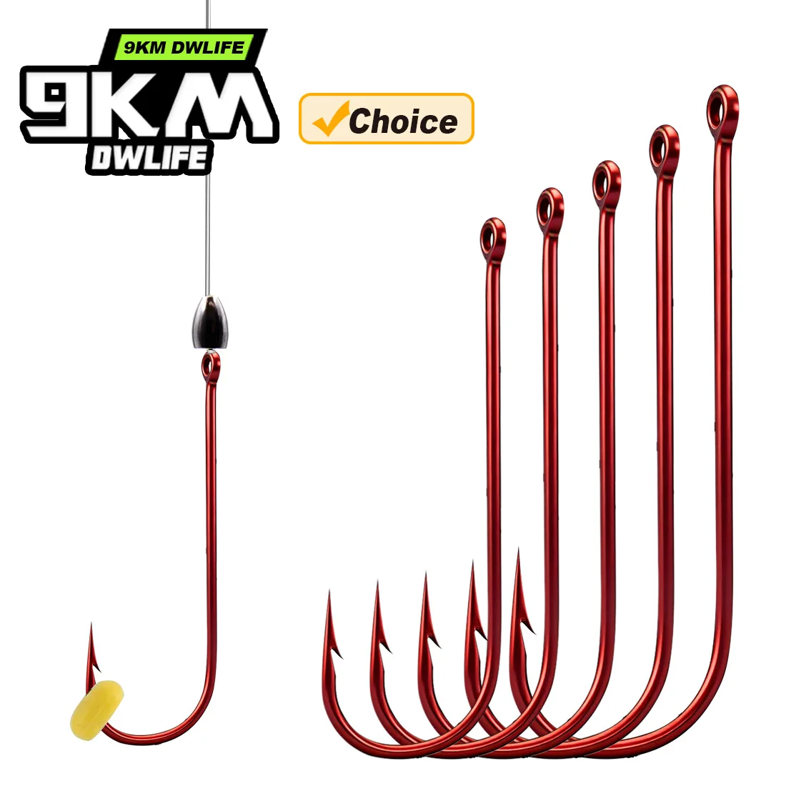 9KM Aberdeen Hook Red 50-200pcs 2X Long Shank Light Wire Fishing Hook for Sunfish Small Bass Trout Freshwater Fishing