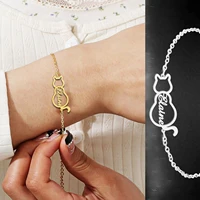 Lemegeton Personalized Name Bracelets Custom Cat Pendant for Women Child Stainless Steel Jewelry Bracelet Family Birthday Gifts