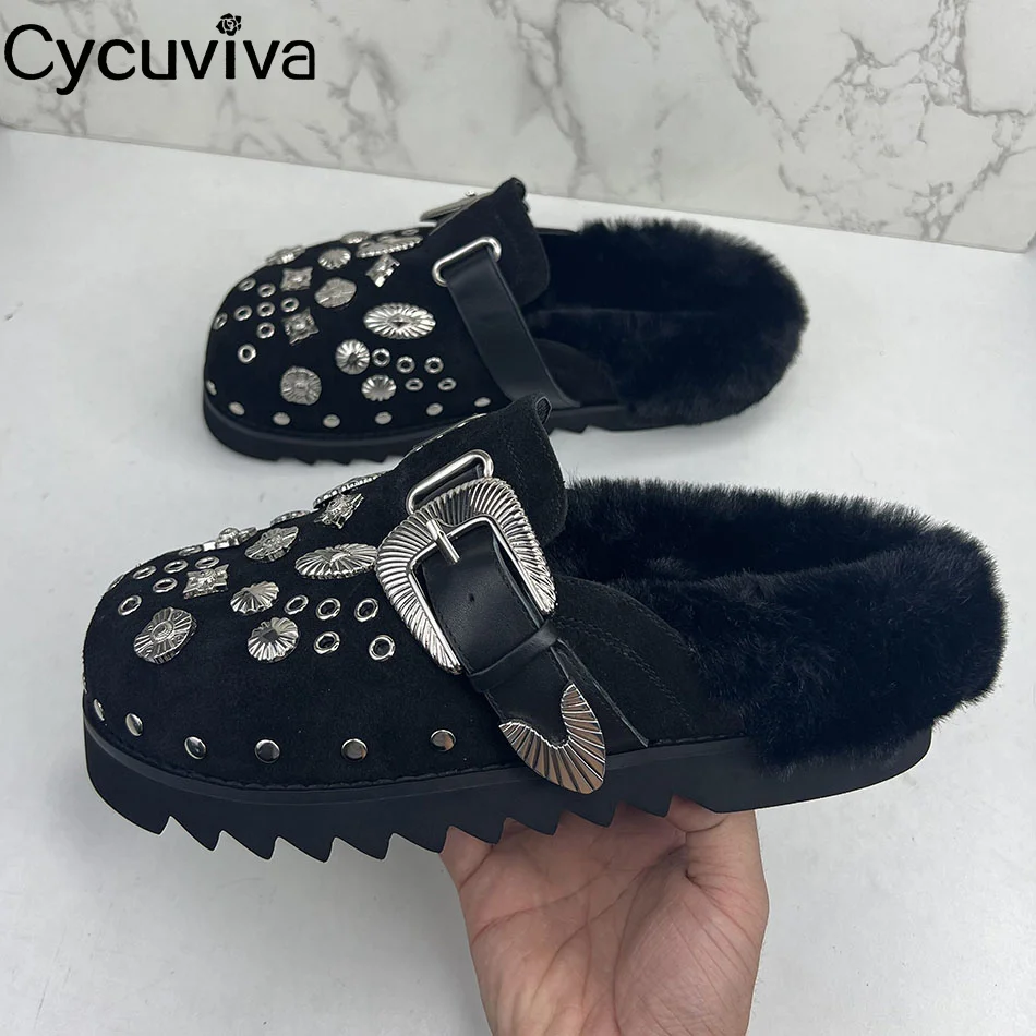 

New Suede Mules Slippers Women Wrap Toe Crystal Wool Outdoor Designer Casual Flat Shoes Summer Beach Walking Shoes For Women