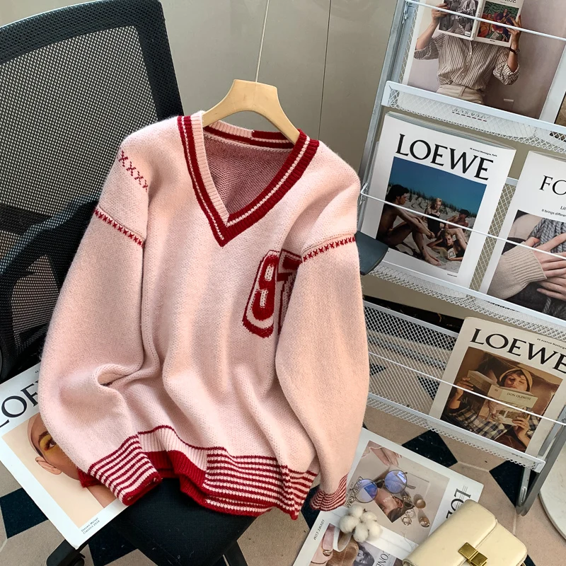 

Preppy Style Oversized Sweaters Women Knitted Pullovers Korean Style Loose Jacquard Top V Neck Autumn Winter Knitted Jumpers