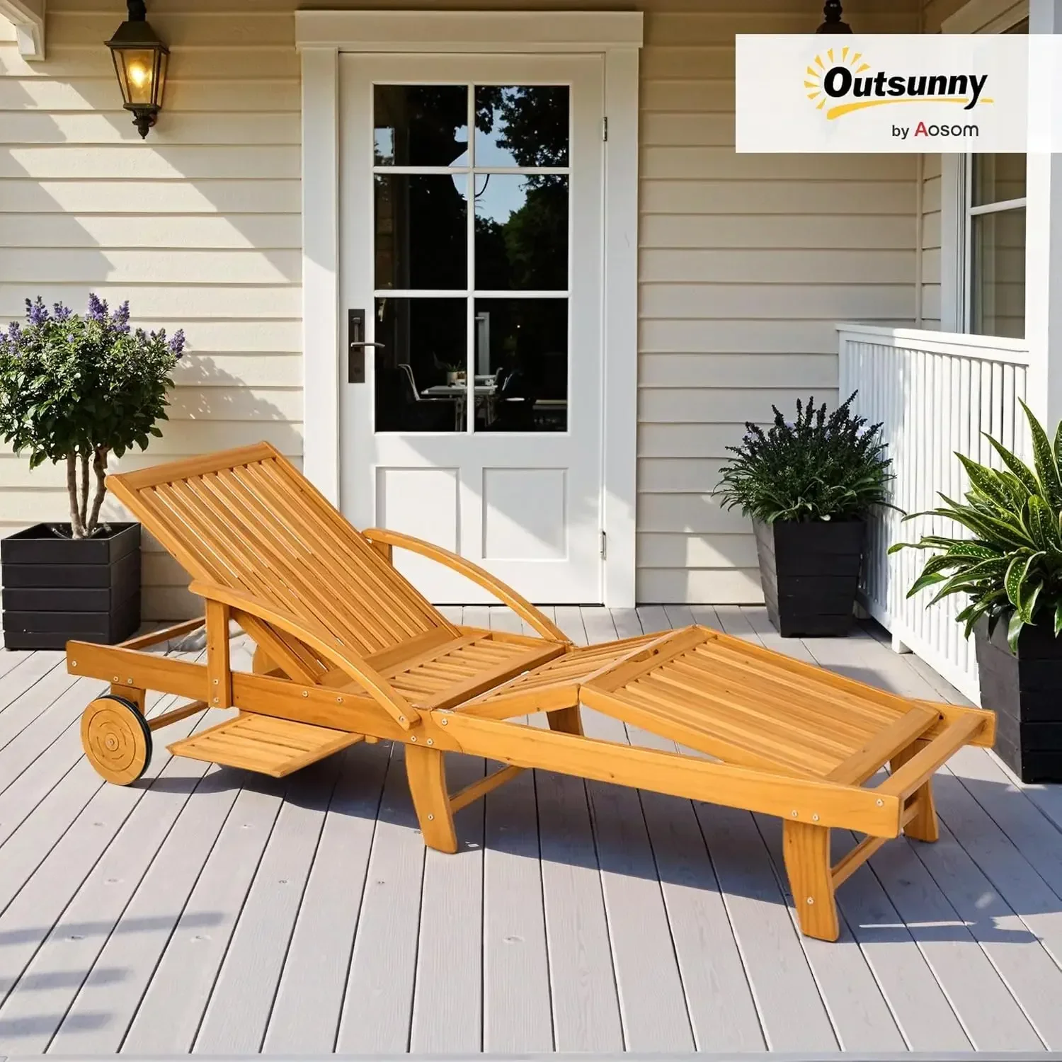 --NewChaise Lounge Chair Outdoor, 4-Level Adjustable Tanning Chair with Wheels, Folding Patio Lounger with Extendable Table,