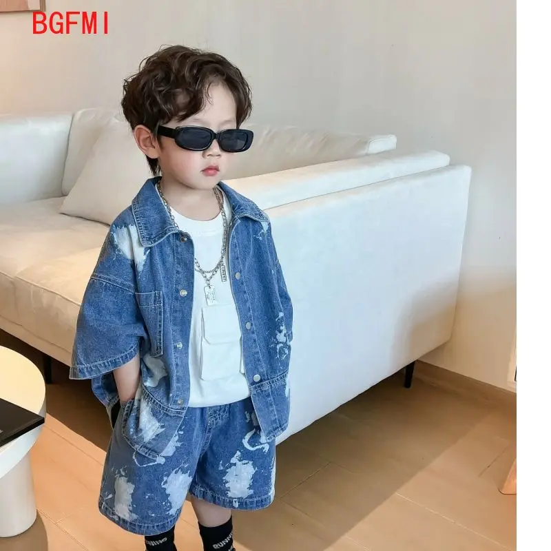 2024 Baby Solid Denim Short Sleeve Set Boys and Girls' Denim Shirts and Shorts Two Piece Set ins Simple Casual Sportswear 2PCS