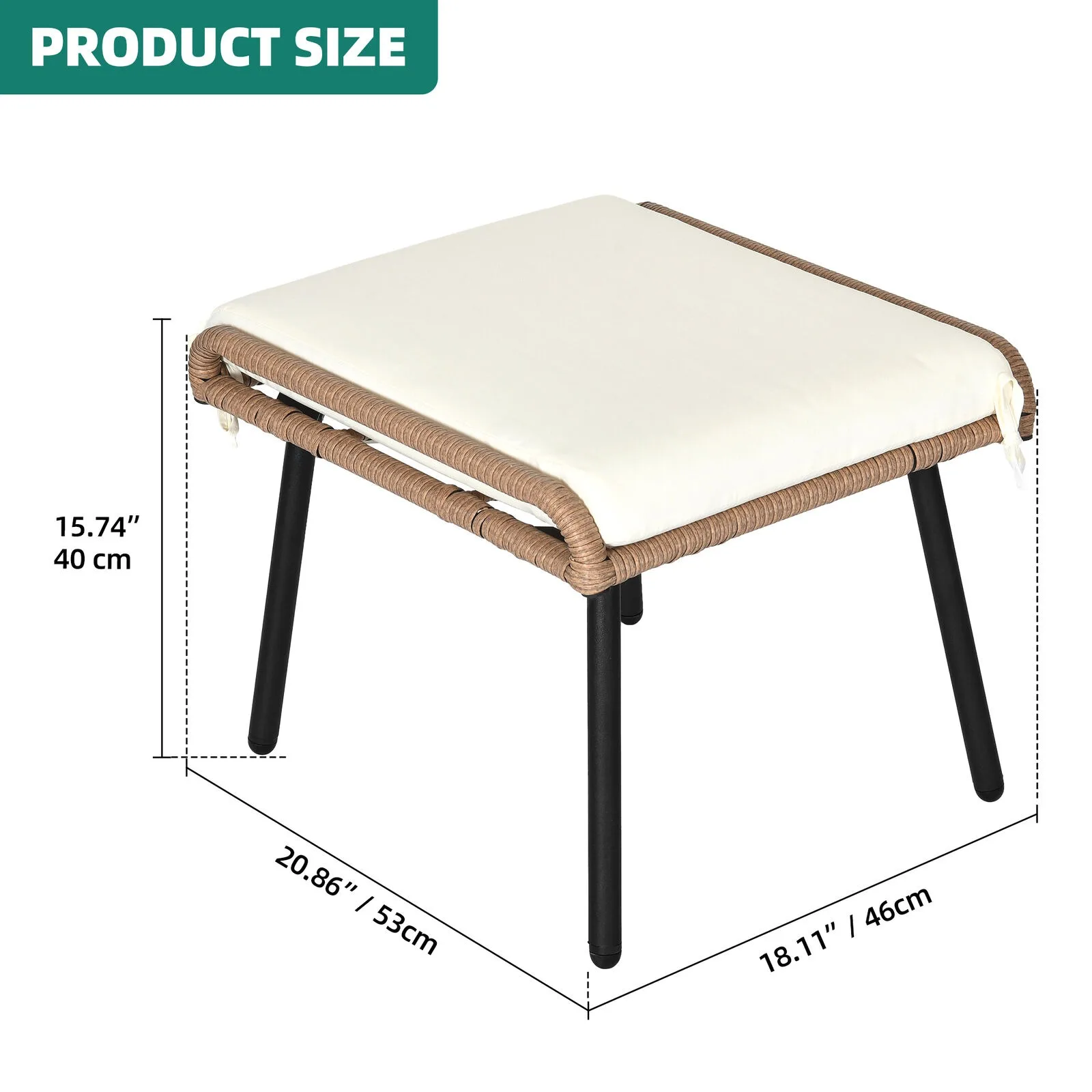 US 2 PCS Patio PE Rattan Ottomans Outdoor Stool Footrest Seats with Soft Cushions