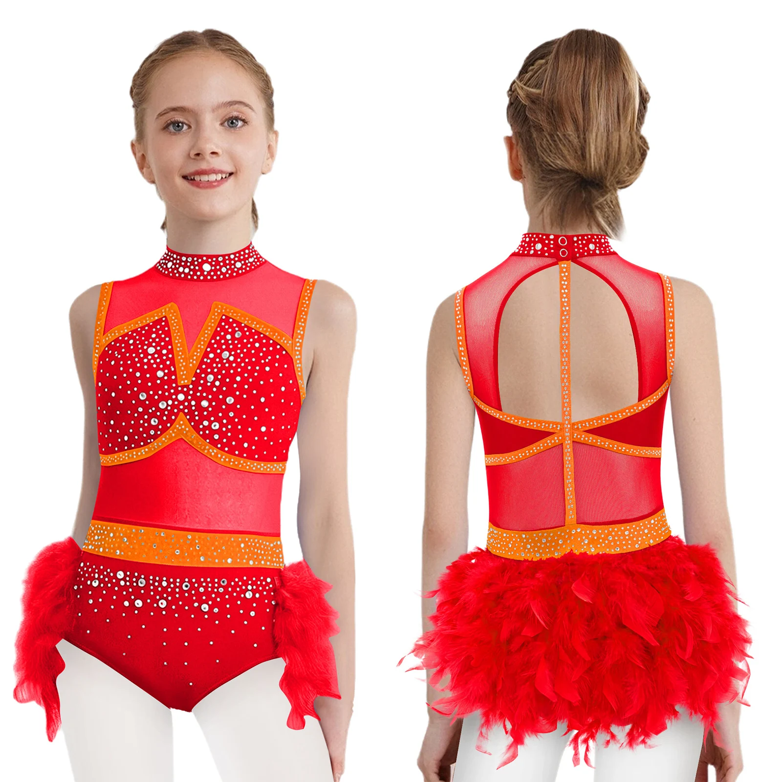 Kinder Mädchen Eiskunstlauf Latin Jazz Dance Samba Rumba Cha-cha Trikot Glänzende Strass Sheer Mesh Feder Rock Body – Detail 20