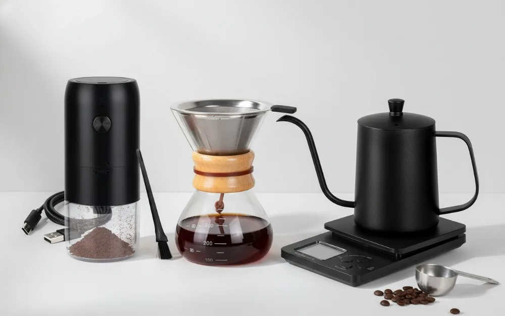 Complete Pour Over Coffee Maker Set with Electric Grinder, Scale, and Kettle - Perfect Gift for Coffee Lovers
