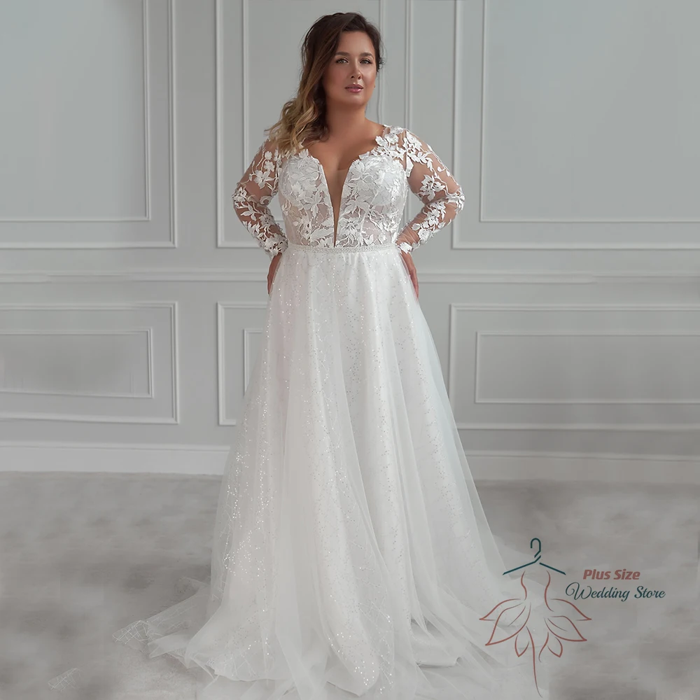 

Exquisite Wedding Dress V-Neck Full Sleeves Bride Gown Tulle With Lace Applique A-Line Sweep Train Vestido De Noiva Plus Size