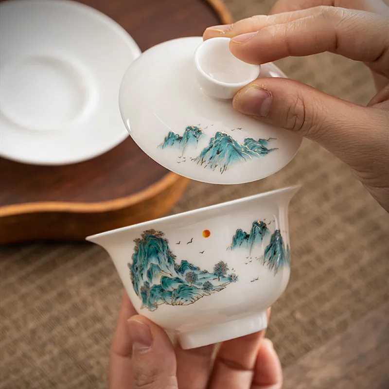 Hand-painted Ceramic Tea Tureen Chinese Portable Tea Maker Three-cai Gaiwan Home White Porcelain Tea Set with Cover Teacup 140ml