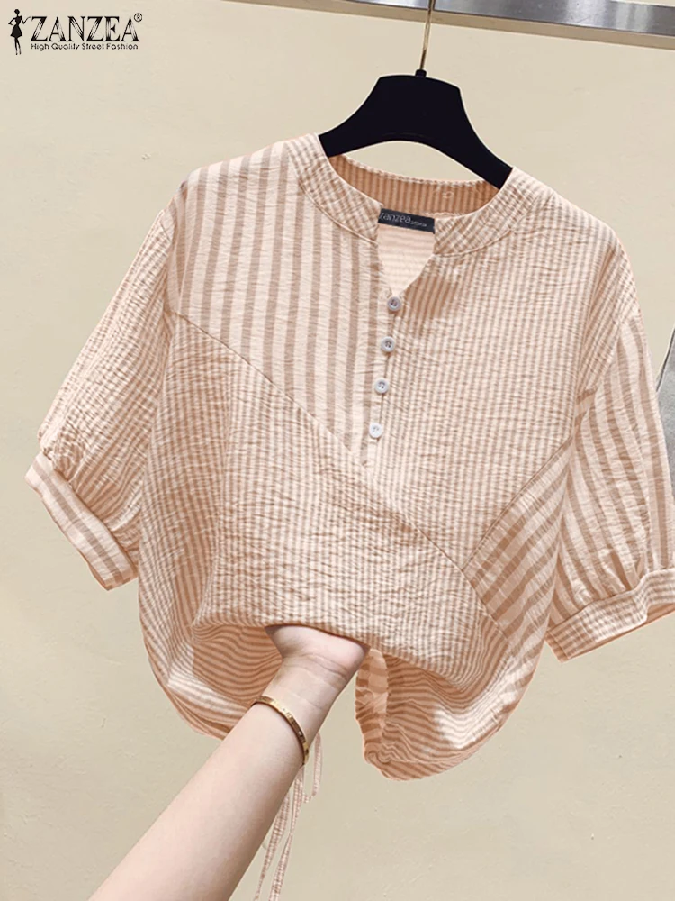 Stylish striped summer shirts for women, work blouse with a half-sleeve neckline, loose casual blouses with a tie, oversized blouses.
