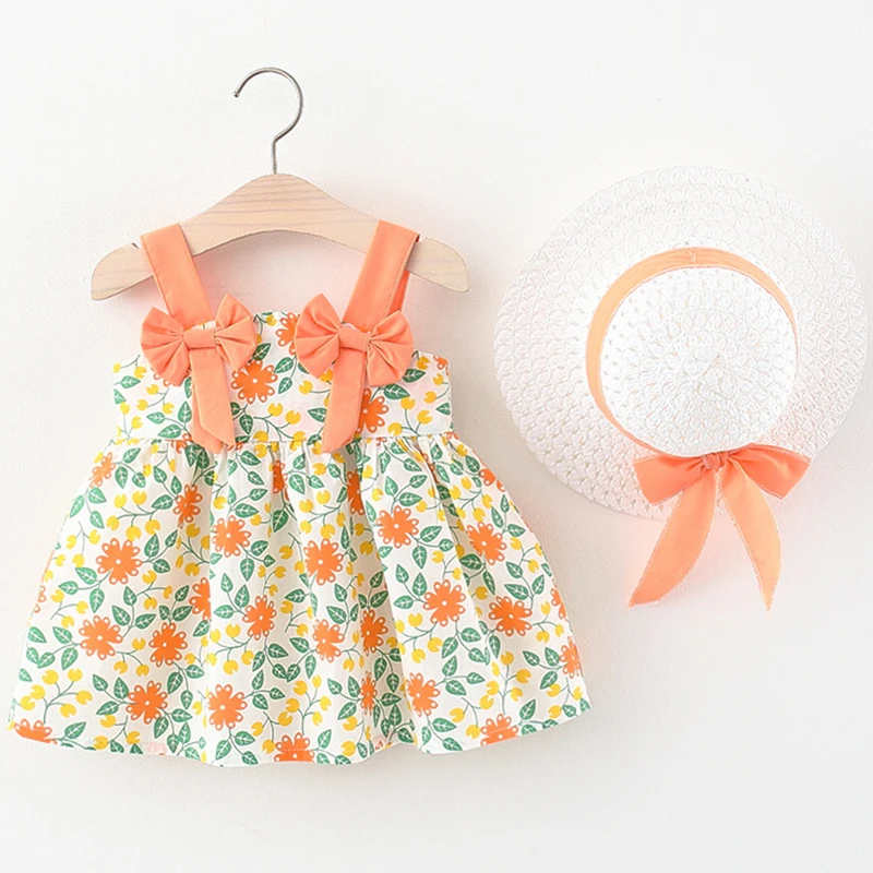 2Piece Summer Clothes Baby Girls Boutique Outfits Korean Cute Bow Sleeveless Beach Dresses Newborn Flowers Dress+Sunhat BC018 - Image 2