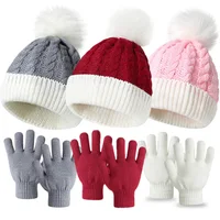 Marry Christmas Hat Gloves Set for Baby Cute Fur Ball Children Knitting Hats Boys Girls Winter Warm Accessories 1-4 Years Old 1