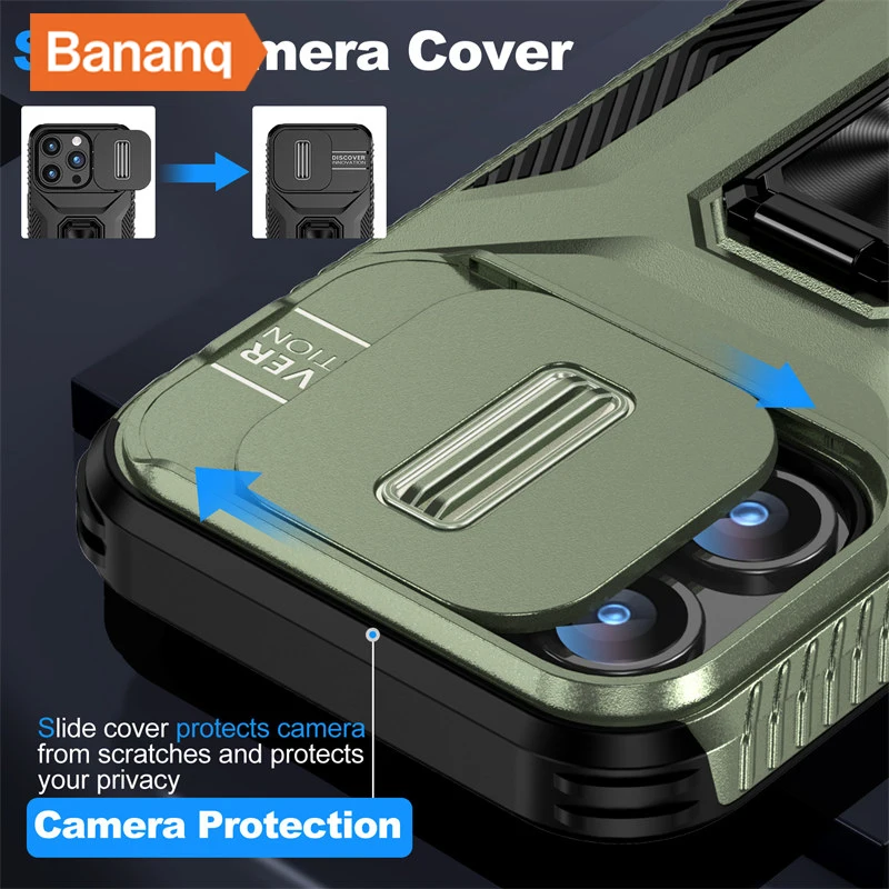 Bananq Slide Push Window Kamera-Rückseitenhülle für iPhone 15 14 Plus 13 12 Mini 11 Pro Max Stoßfester magnetischer Ringständer_voghion.com