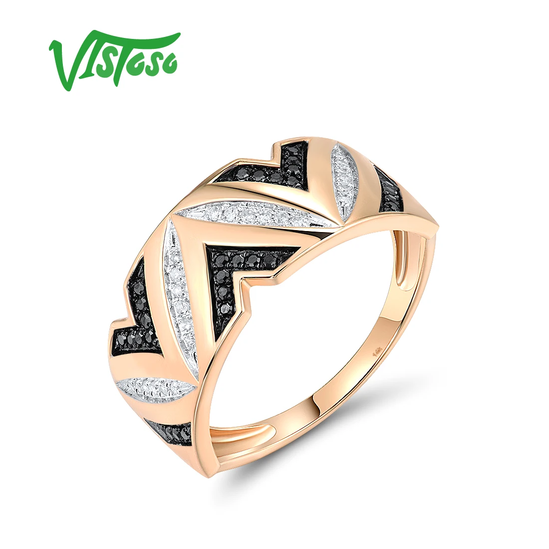 

VISTOSO Pure 14K 585 Yellow Gold Band Ring For Women Sparkling White & Black Diamonds Fantastic Wedding Party Fine Jewelry