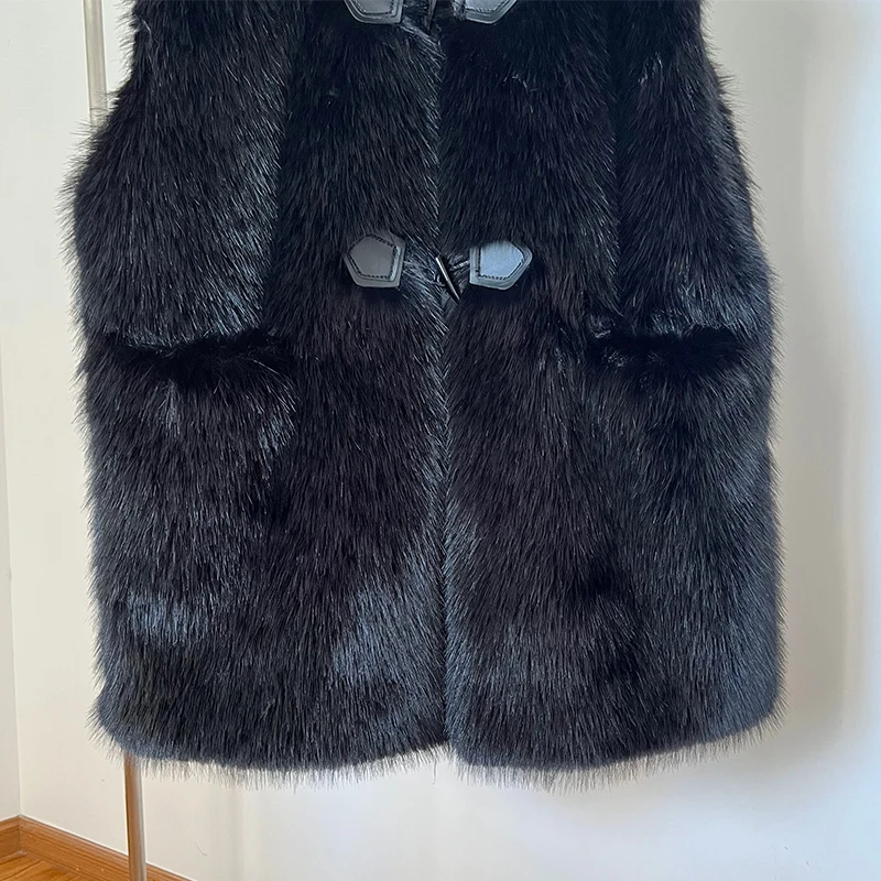 Brand Horn Buttons Long Faux Mink Fur Vest Tops Women Winter Sleeveless Overcoats Luxury Ladies Shaggy Waistcoat Gilets Casaco