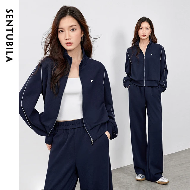 SENTUBILA 2 Piece Sets Women Outfit Embroidery Knitted Sweatshirt Tracksuit Straight-leg Pants Casual Pant Sets 2026 151Z58733