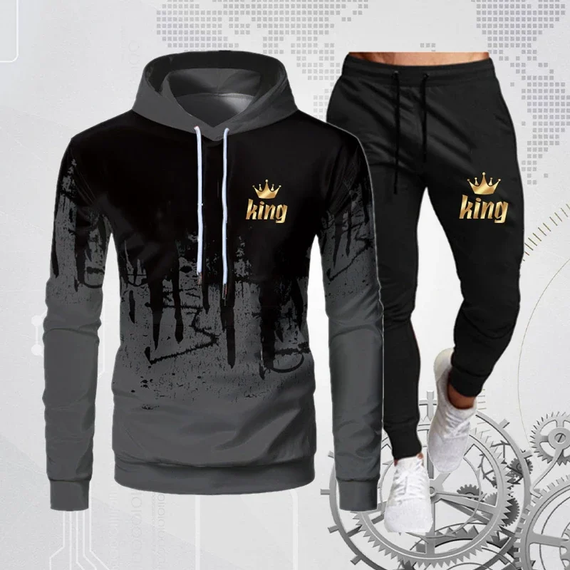 King Letter Print Men's Tracksuit Splash Ink Sets Sport Long Sleeve Hoodies Sweatpants Suits Hoodies and Pants 2 Piece Set Male 2023 mens hoodies 2 piece sets male tracksuit sweatsuit casual winter long sleeve thermal warm breathable fitness sportswear