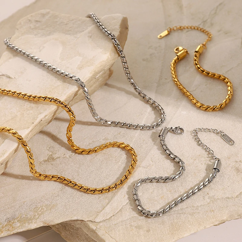 ANENJERY 316L Stainless Steel S-shape 3mm Necklace Bracelet For Women Men Personality Punk Fashion Jewelry Set Gifts Wholesale