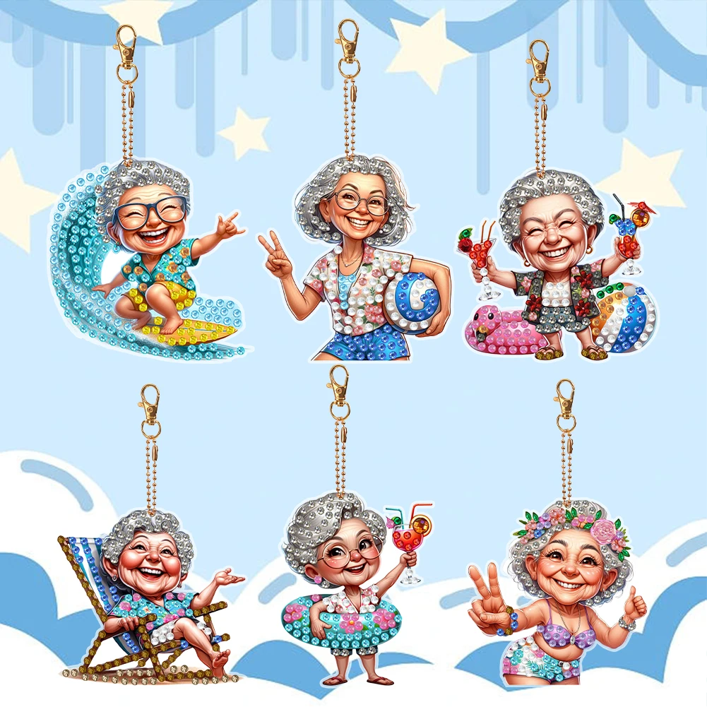 6Pcs Double Side Optimistic Old Lady Diamond Painting Keychain Rhinestone Painting Keychain Pendant for Beginners Adults