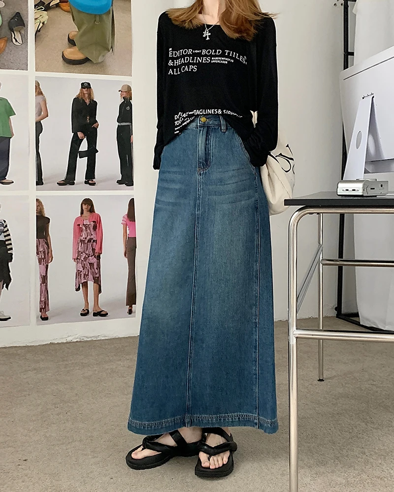 【SATIIIZ】Kina Cutting Denim Long Skirt Long Denim Skirt With Front Slit in Blue - Nina Ricci
