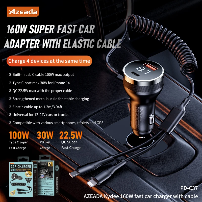 Gadgetoo Azeada 160W Usb Type C Fast Car Charger With Elastic Cable Portable For Iphone 15 14 Pro Max Tablets Gps Xiaomi 13 Oneplus Oppo