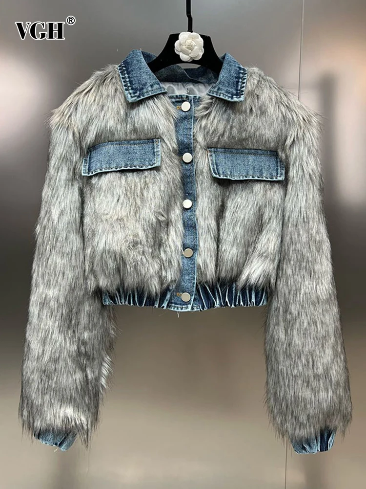 

VGH Patchwork Denim Casual Faux Fur Coats For Women Lapel Long Sleeve Spliced Single Breasted Short Winter Coat Female Fashion