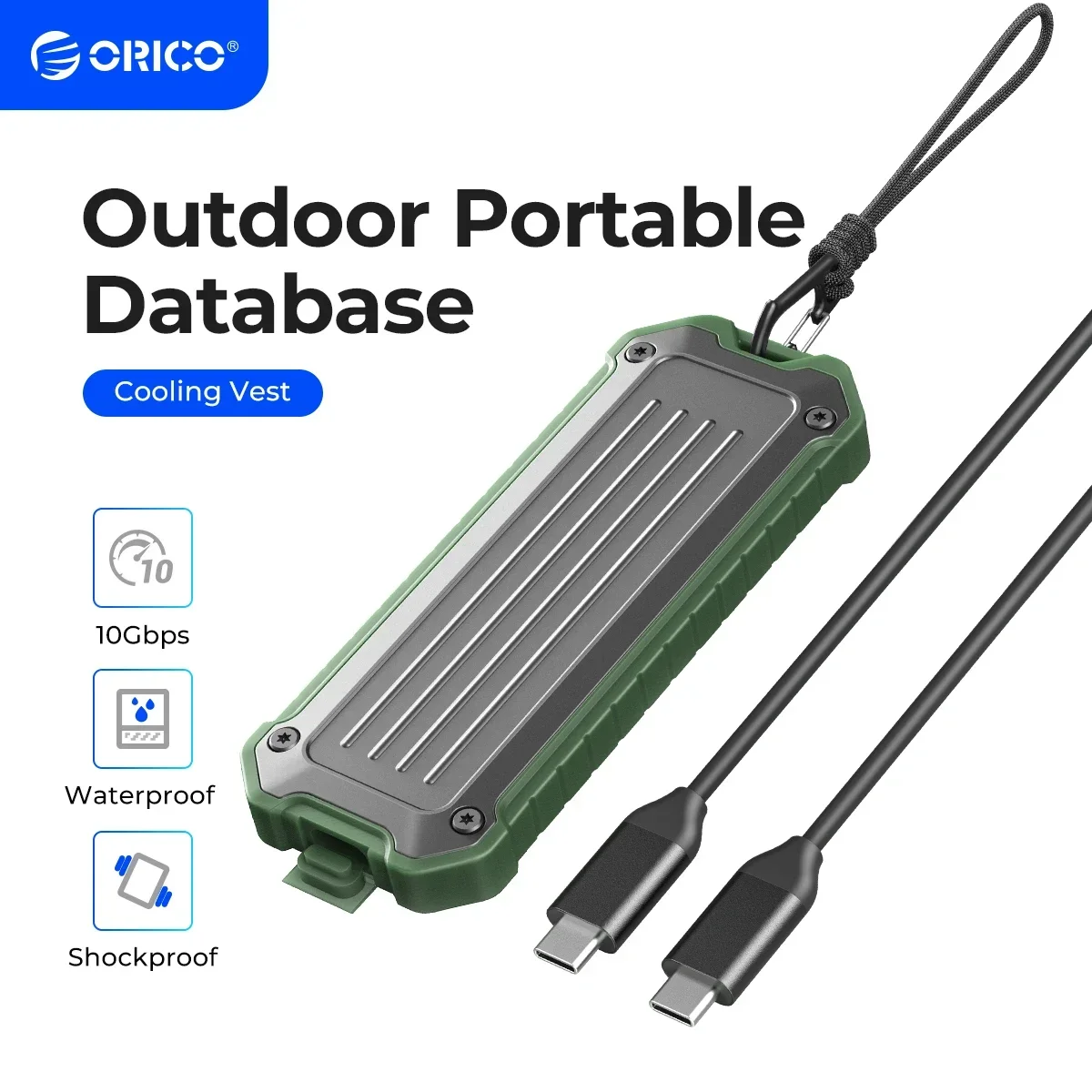 ORICO Portable M.2 NVMe SATA SSD Case Zinc Alloy Waterproof Shockproof Enclosure 10Gbps with Lanyard Heatsink for Outdoor Travel