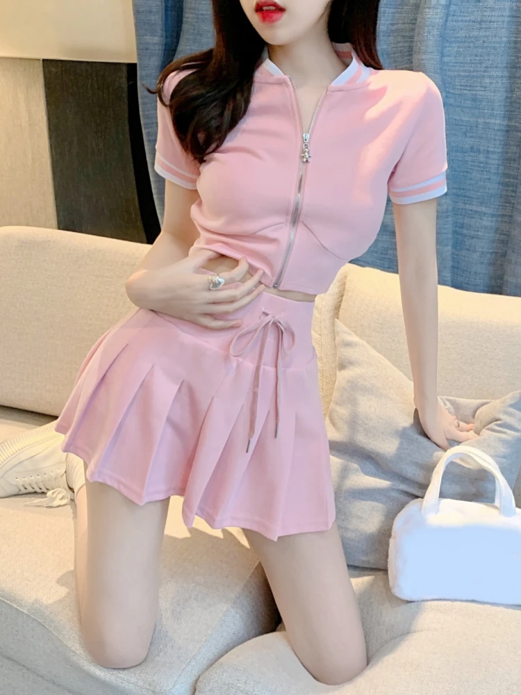 Korean Sweet Two Piece Set Women Preppy Style Short Sleeve Crop Top ...
