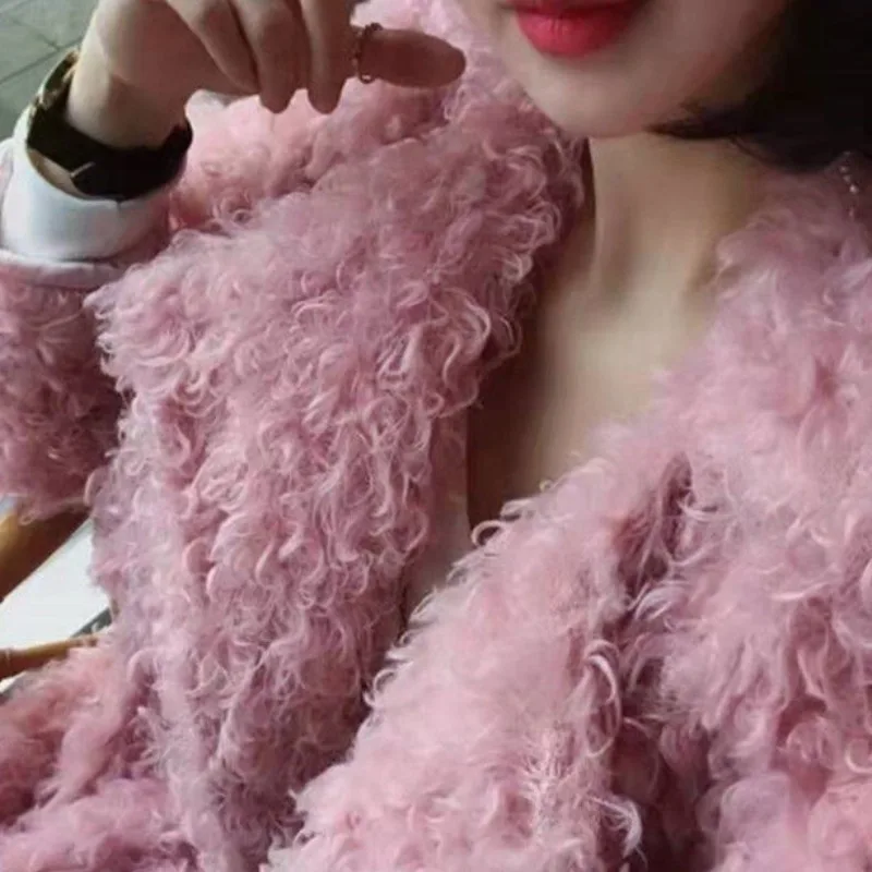 2023 New Women Winter Faux Wool Fur Coat Mid-length Loop Plush Overcoat Thicken Warm simple Jacket Slim Loose Fashion Outwear