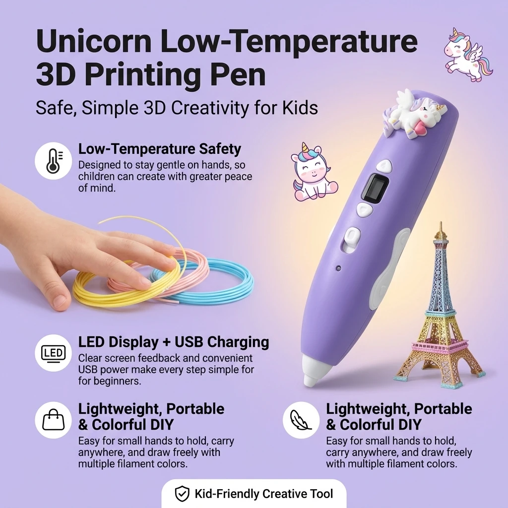 유니콘 저온 3D 프린팅 펜 어린이용 안전 3D 드로잉 펜 LED 디스플레이 USB 충전 25M PCL 필라멘트 장난감