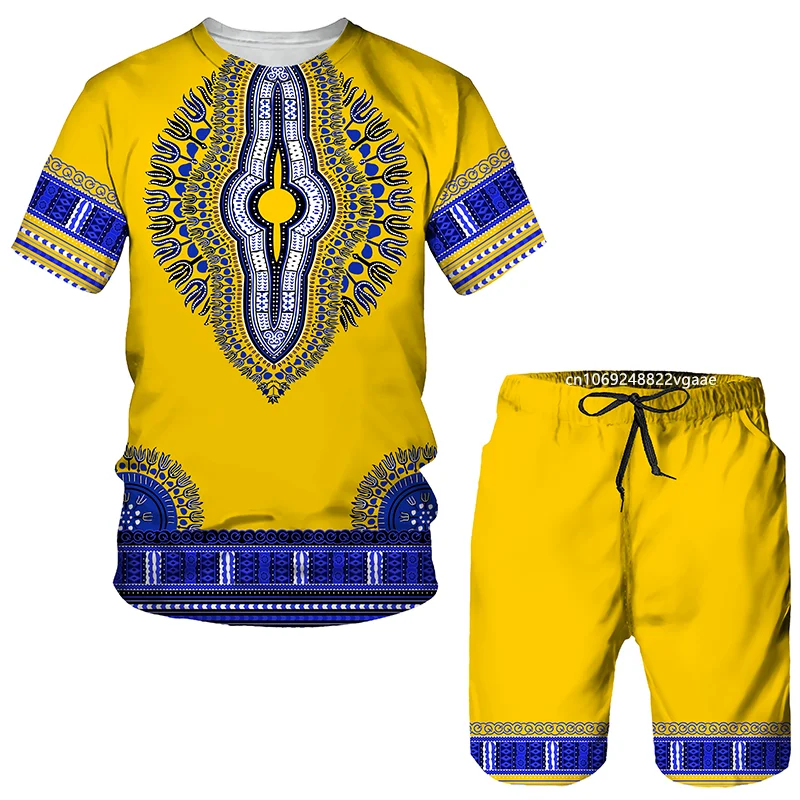 African Clothing Man Dashiki T Shirt Set Traditional Wear Clothes Short Sleeve Casual Retro Streetwear Vintage Ethnic Style