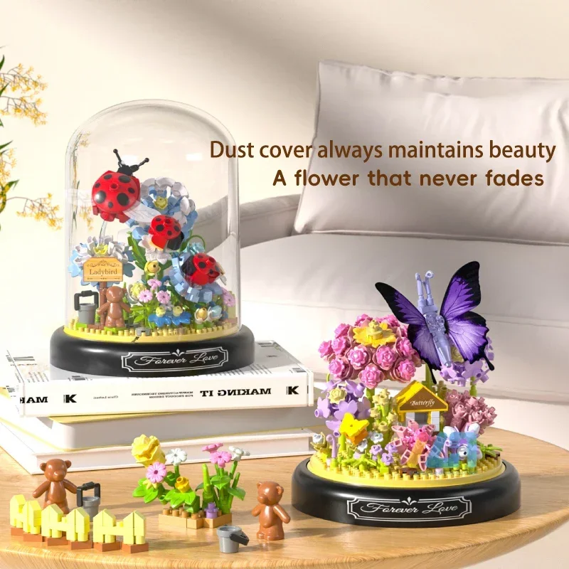 Flower Bonsai Building Blocks Bee Butterfly Insect Plant Potted Model Bricks with Dust Cover Children's Diy Toy Christmas Gift