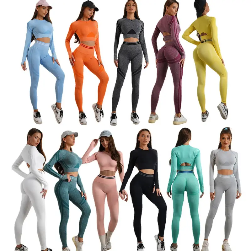 2Pcs Women Autumn Winter Seamless Yoga Set Workout Clothes Long Sleeve Gym Crop Peach Top High Waist Leggings Fitness Sport Suit - Image 5